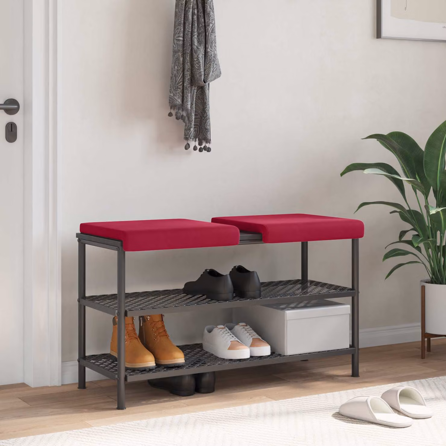 Set di 2 cuscini per panchina vidaXL in velluto rosso con base antiscivolo, Profondità: 35 cm