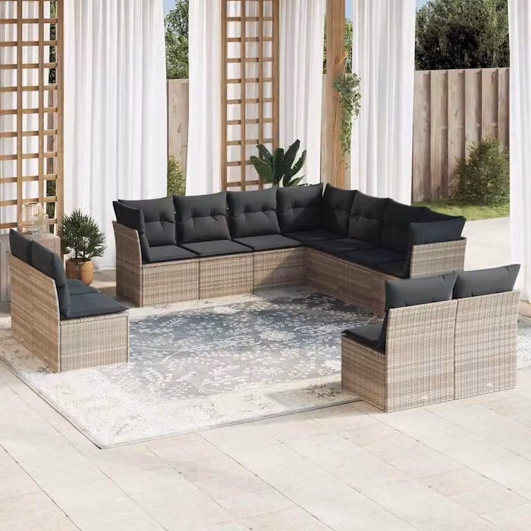 vidaXL Set Divani da Giardino 11 pz in Polyrattan e Acciaio con Cuscini Grigio