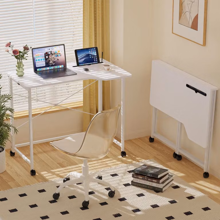 Scrivania pieghevole - Scrivania a forma di L per computer - Con rotelle - Salvaspazio, ideale per piccoli ambienti - Struttura in metallo - Adatta per casa e ufficio - Colore: bianco