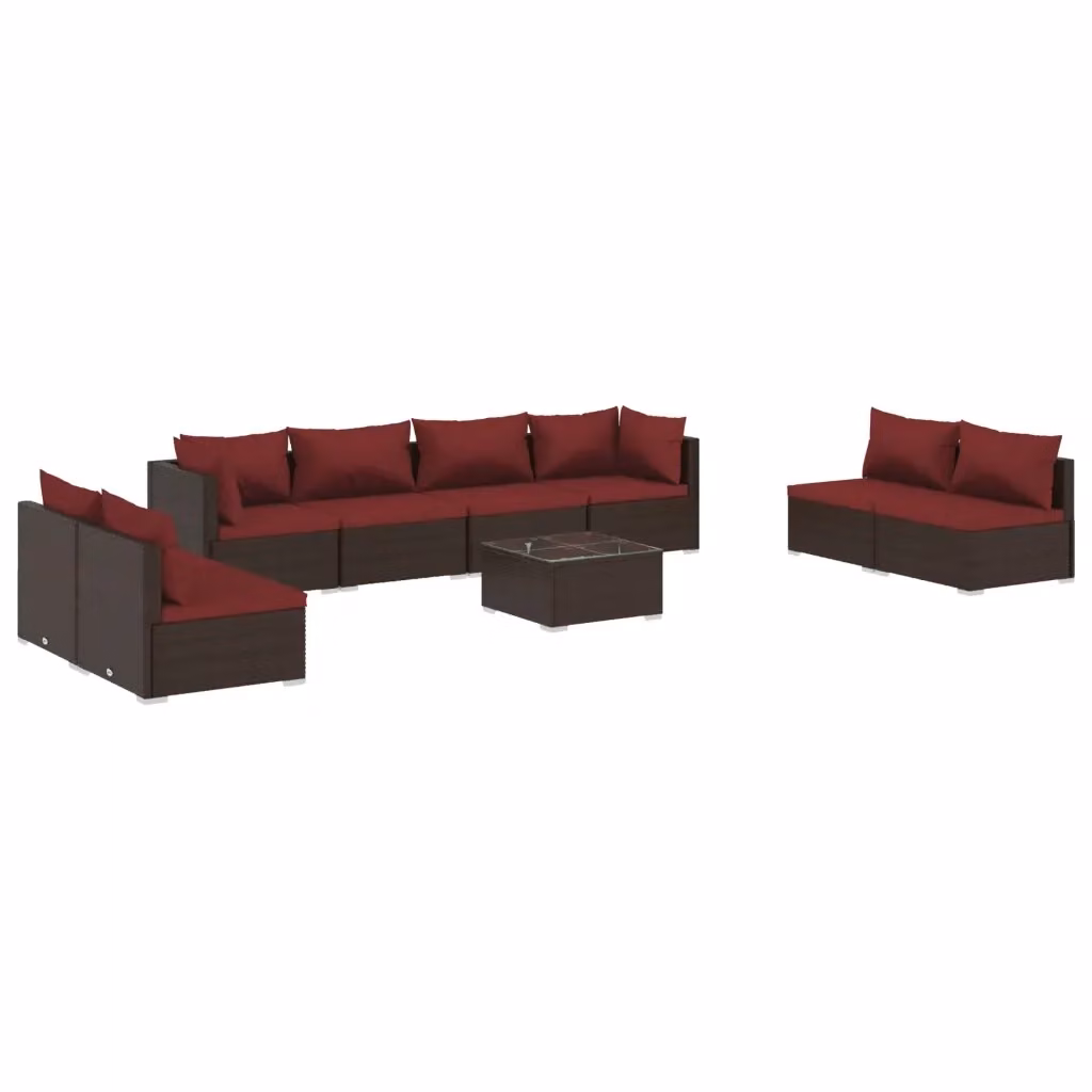 Set di divani da giardino vidaXL 9 pezzi con cuscini marroni e rossi in rattan e metallo per esterno – 2