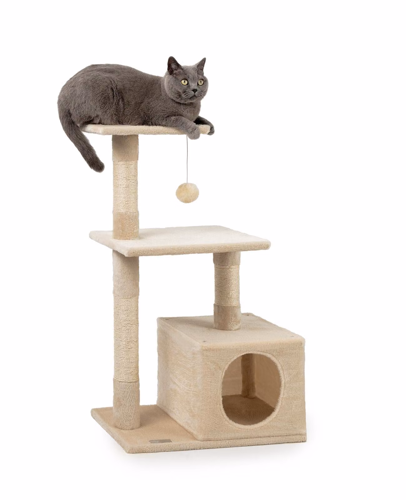 tiragraffi per gatti lionto, albero tiragraffi e giochi compatto da 85 cm con grotta, 2 piattaforme, palla di peluche e bastoncini di sisal, con supporto a parete, beige