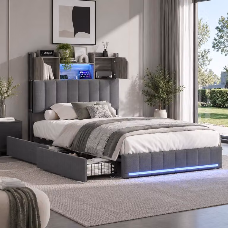 Letto imbottito INONEFT, 90x200 cm, con LED e USB, 4 cassetti, letto per ragazzi con testiera chiusa, struttura del letto con rete a doghe, colore grigio lino