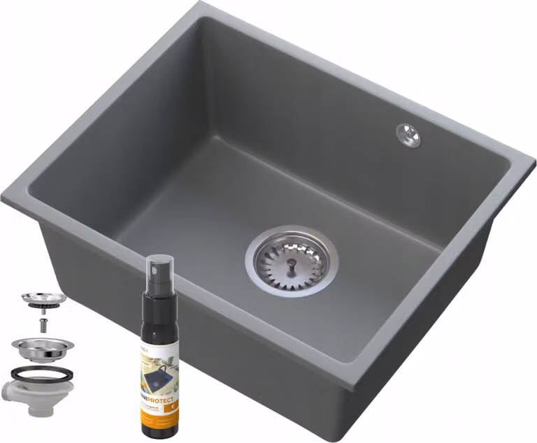 Granitan - Lavello in granito - Lavandino 46x37,5 cm - Lavello cucina grigio - con sifone - MANADO