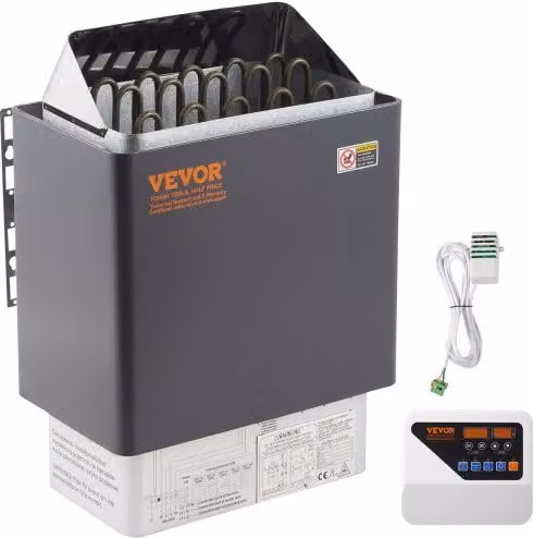 Stufa Elettrica per Sauna VEVOR da 9KW con Controllore Esterno, Uso Bagnato e Secco, in Acciaio Inossidabile, Colore Nero, per Volumi da 9-13m³