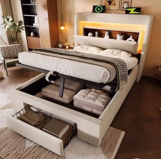 Letto imbottito 90x200 cm in lino con contenitore, LED, USB e materasso beige