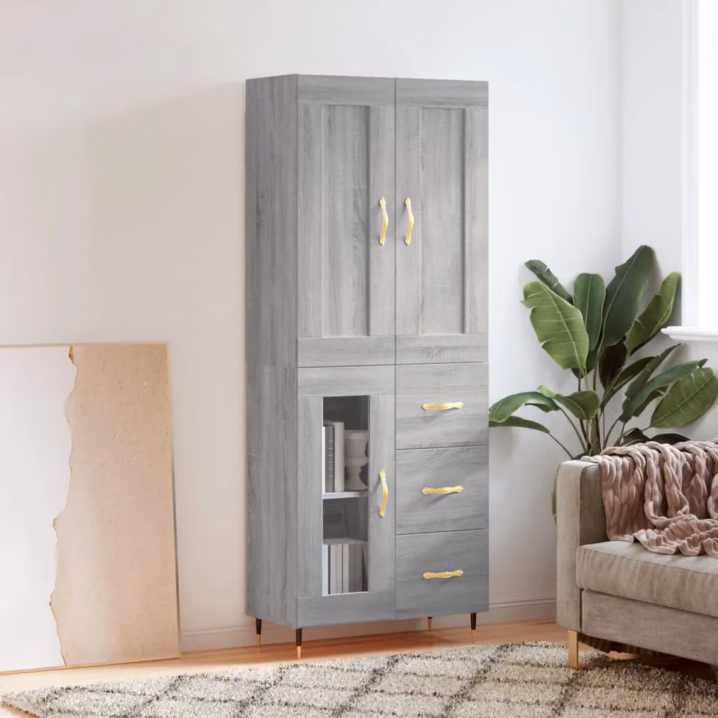 Credenza moderna vidaXL in legno e metallo, Grigio, L: 69,5 cm, P: 34 cm, H: 180 cm