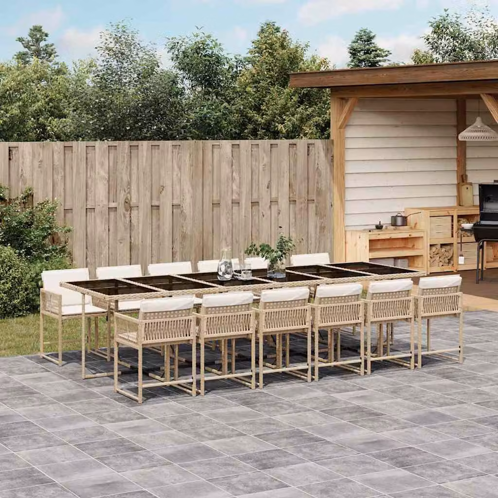Set da Pranzo da Giardino vidaXL in Polyrattan con Cuscini Beige e Piano in Vetro, 13 pz – 1