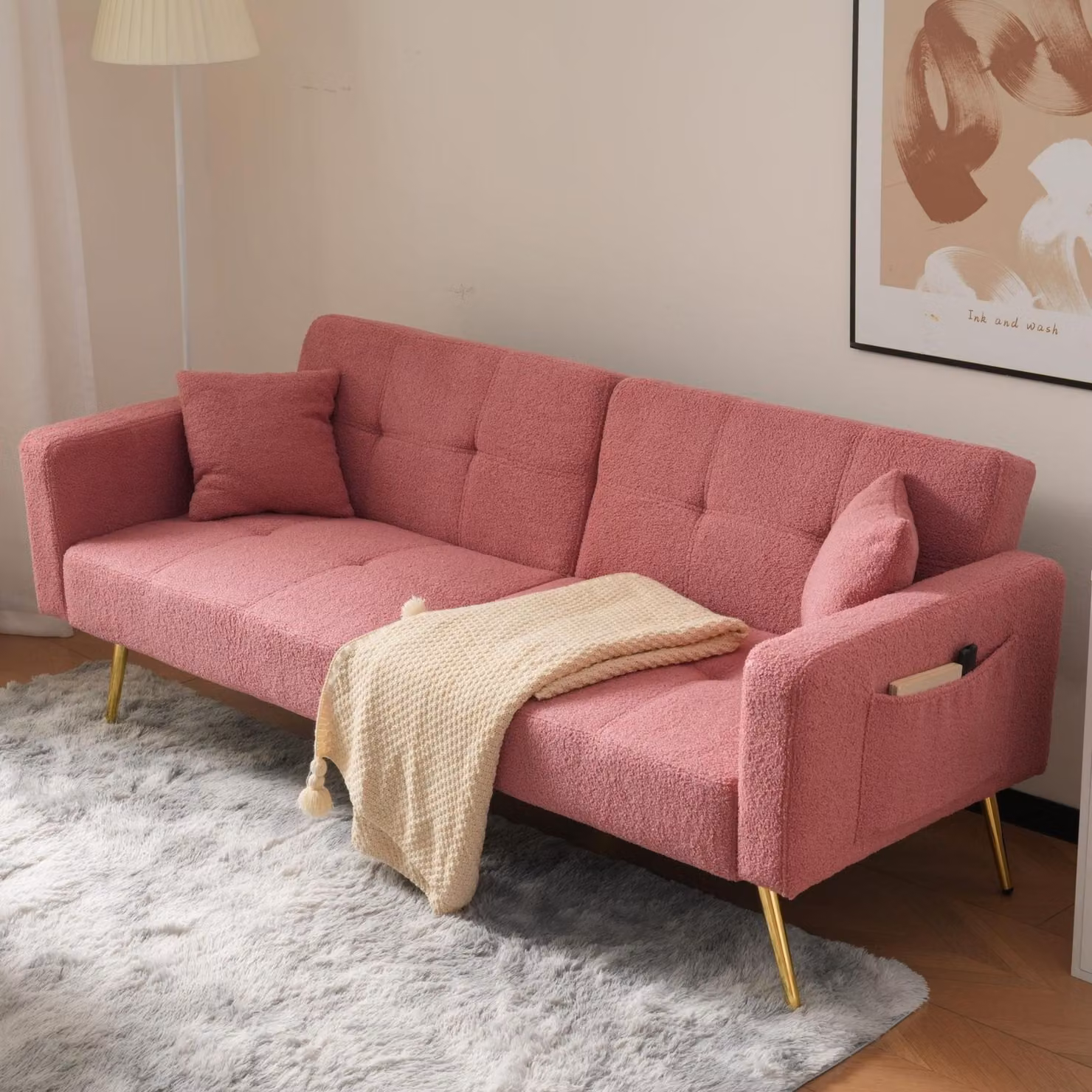 Divano letto ZR Home con schienale regolabile e gambe dorate, rivestimento in sherpa, Rosa, L 175 cm x P 64 cm x H 72 cm – 2