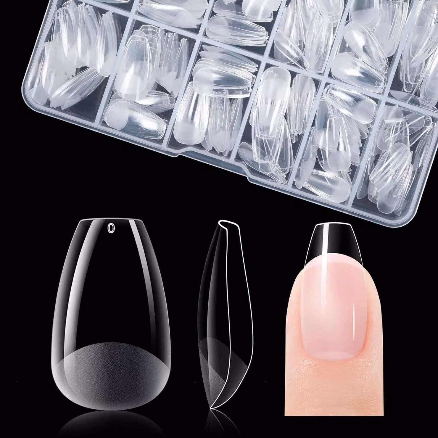 Punte per unghie a forma di bara, copertura completa, in gel morbido, 120 pezzi, 12 dimensioni, resina PMMA