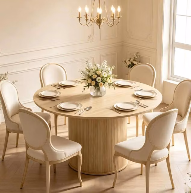 Tavolo da pranzo rotondo ULEVR ?120x75 cm per 4-6 persone, base cilindrica scanalata, effetto legno naturale