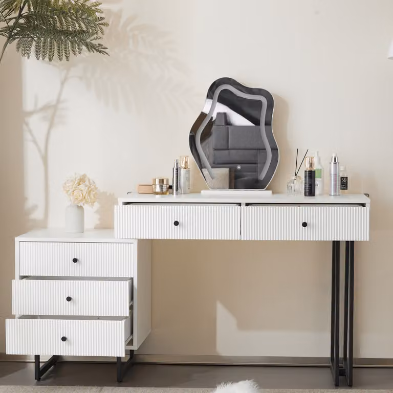 Flieks, tavolo da toilette con specchio LED regolabile, tavolo da toilette con cassettiera, tavolo da toilette per il trucco con cassetti, bianco