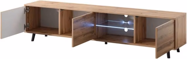 Mobile TV Moderno con 3 Ante Battenti, Ripiano in Vetro e Illuminazione LED, in Melaminico Rovere con Piedini in Metallo per Soggiorno, L: 175 cm, P: 40 cm, H: 31.5 cm – 1