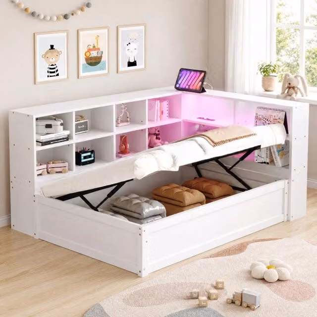 Letto multifunzione REDOM in legno di pino bianco con vano contenitore a sollevamento, illuminazione LED e porta USB, L/P/H: 90 x 200 x 114.5 cm