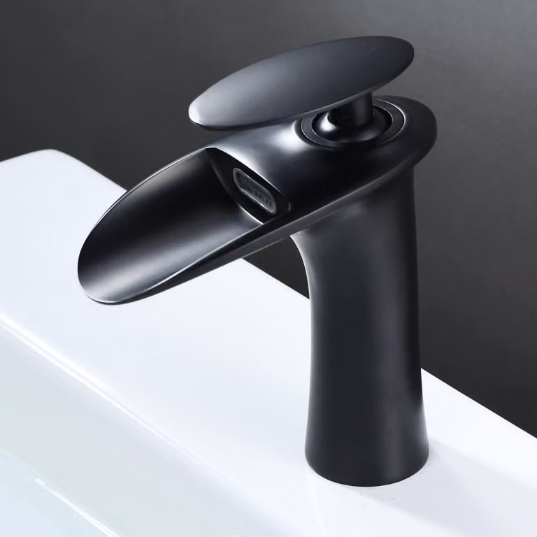 Miscelatore per lavabo a cascata, nero, in ottone, per acqua calda e fredda