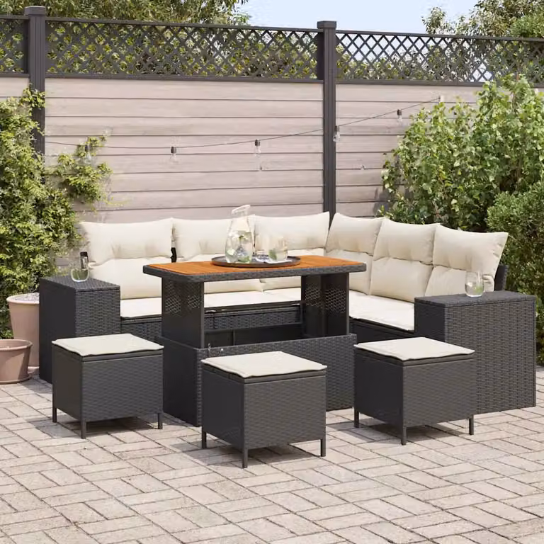 vidaXL Set Divano da Giardino Moderno a L con 9 Pezzi, Nero e Beige