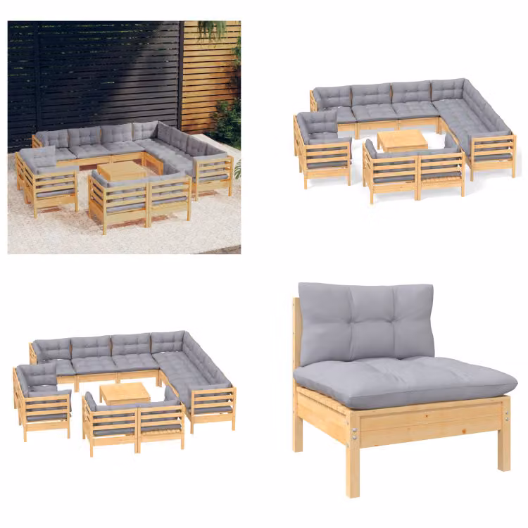 vidaXL Set salotto da giardino 12 pezzi con cuscini grigi in pino massiccio - Set salotto da giardino - Set salotto da giardino - Set arredo giardino - Set arredo giardino