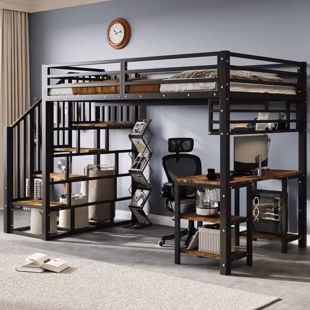 Letto a castello con scrivania e scaffale - Zephmum - 120x200cm - Nero - Stabile con scale sicure