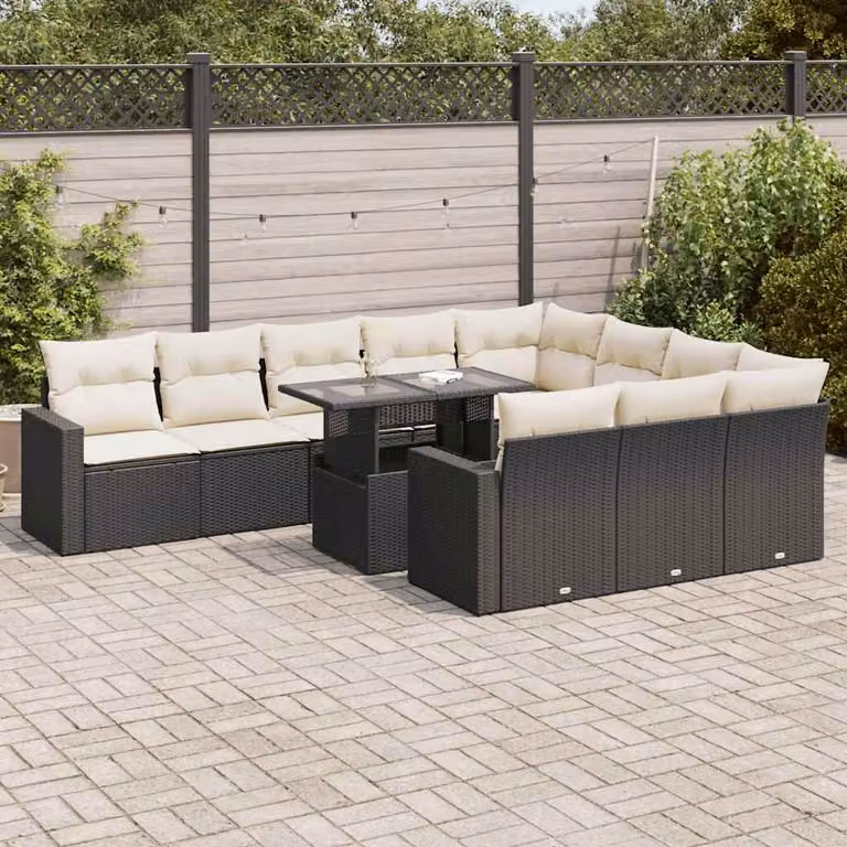 Set di divani da giardino vidaXL 11 pezzi in polyrattan nero con cuscini