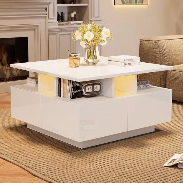 Tavolino da salotto WISHDOR bianco lucido con design minimalista e struttura a 3 livelli L/P/H: 70 x 70 x 40 cm