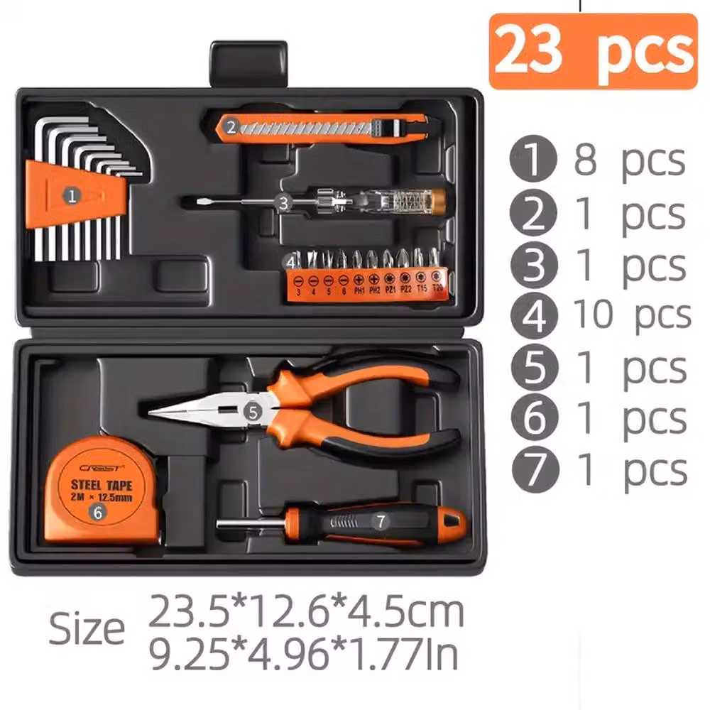 Set di utensili per la casa - 23 pezzi - Valigetta portatile - Metallo e plastica - Manico ergonomico antiscivolo - Ideale per lavori di bricolage e riparazioni - Arancione