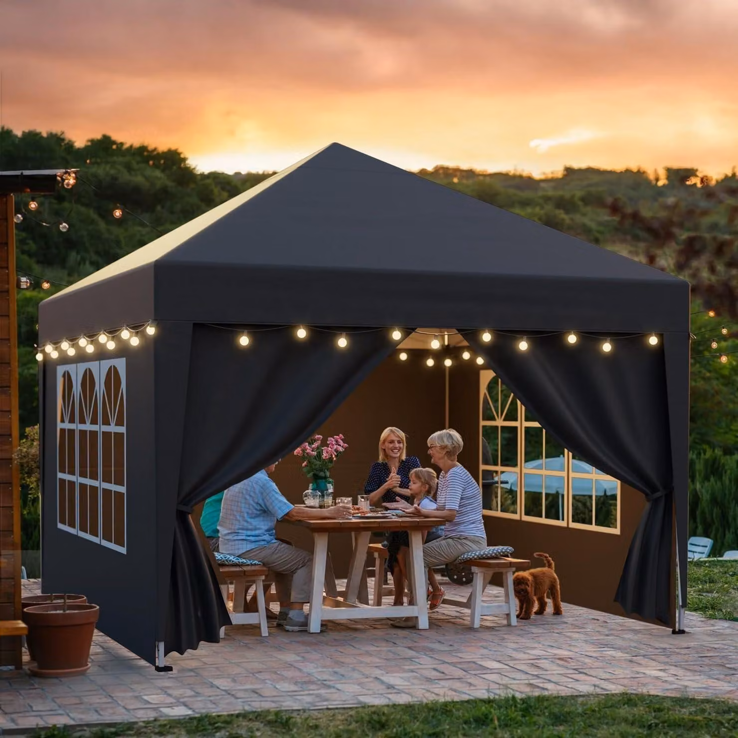 Gazebo da esterno 3x3 metri, colore antracite, con pareti laterali e parete frontale, altezza regolabile, impermeabile