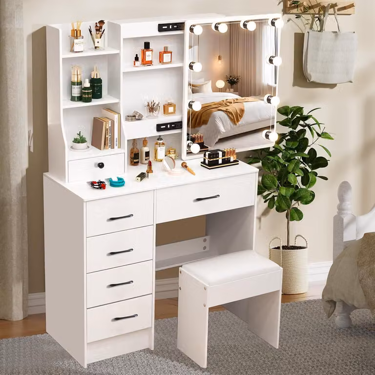 Comò da trucco con illuminazione a LED e cassetti, dimensioni 131x80x36 cm, realizzato in MDF