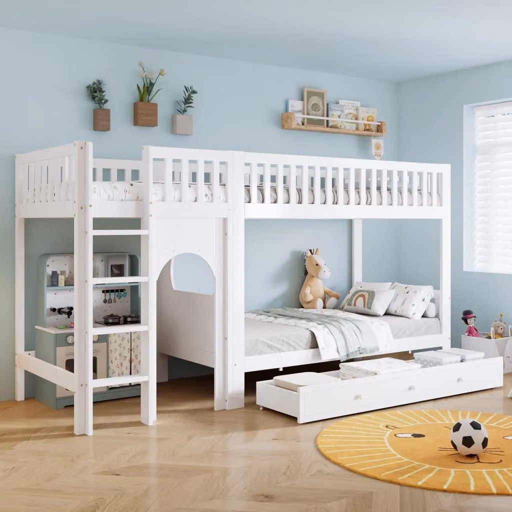 Letto a castello per bambini REDOM in legno di pino e MDF bianco e naturale L/P: 200 x 90 cm, H: 160 cm – 2