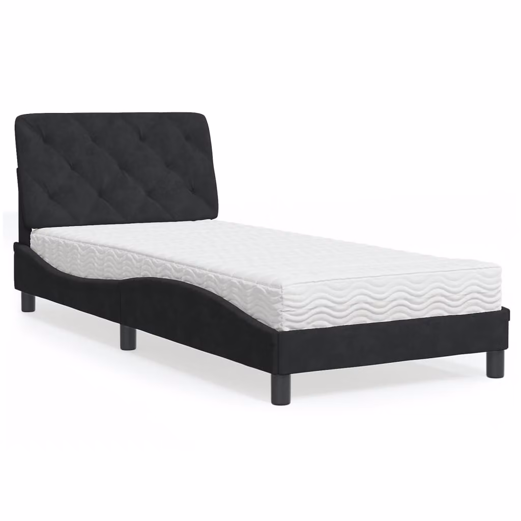 Letto moderno vidaXL in velluto nero con materasso in schiuma, L/P/H: 90 x 190 cm – 1