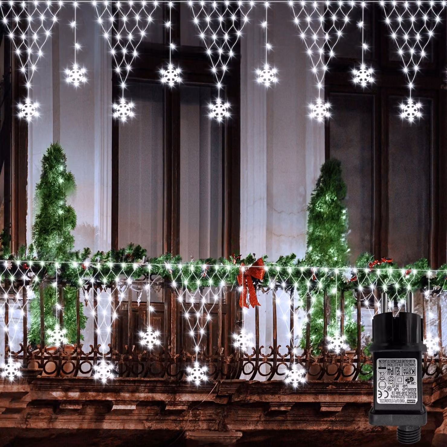 Catena luminosa a LED a forma di fiocchi di neve, 4 metri, 207 LED bianchi freddi, 8 modalità, timer