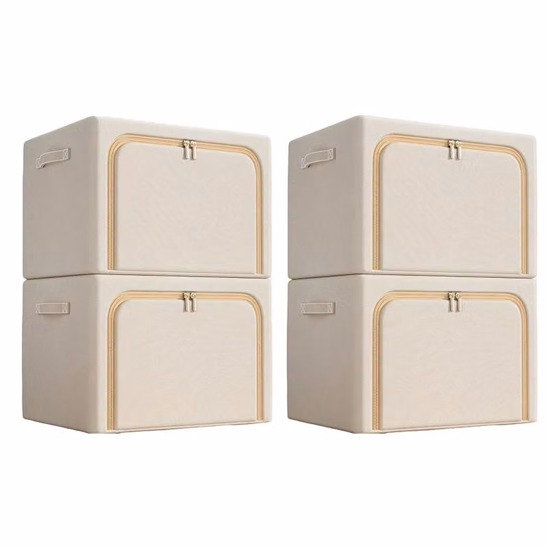 set di 4 scatole portaoggetti in tessuto Oxford, impermeabile, pieghevole, 100L, scomparti, per vestiti e guardaroba, senza finestra, beige