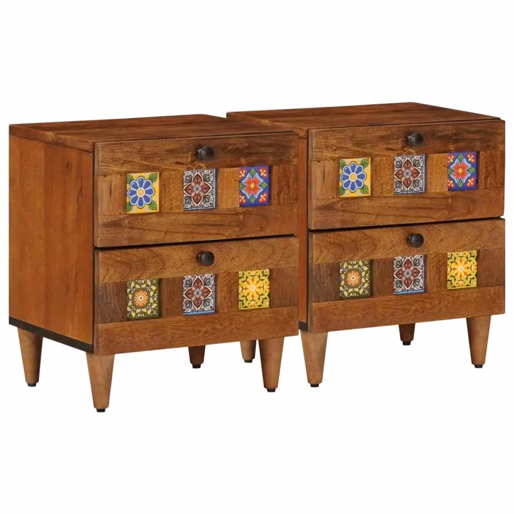 Set di 2 Armadi da Notte vidaXL in Legno di Mango Marrone Rustico L/P/H: 40 x 33 x 46 cm – 2
