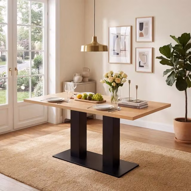 Tavolo da pranzo allungabile MIVRAY in MDF con gambe a colonna centrale, piano rettangolare beige o marrone, L: 140-180 cm, P: 70 cm, H: 75 cm