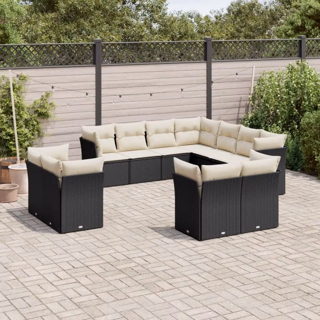 vidaXL Set Divani da Giardino 11 pz a Forma a U in Polyrattan Nero con Cuscini Imbottiti e Rivestimenti Rimovibili – 1
