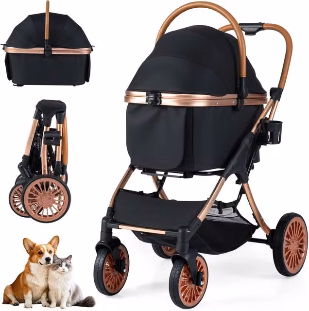 Passeggino Pieghevole per Cani 3 in 1 con Portapacchi Rimovibile Carrozzino per Animali con Tettuccio, Cuscino Rimovibile, Cintura di Sicurezza, Cestino e Portabicchiere, Portata 25 kg