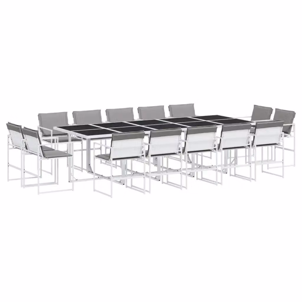 Set da pranzo da giardino vidaXL in acciaio verniciato a polvere e vetro, 15 pezzi, bianco e grigio – 2