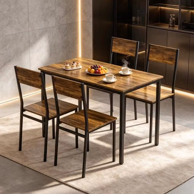 Set tavolo e sedie con 1 tavolo rettangolare e 4 sedie in metallo marrone rustico e nero
