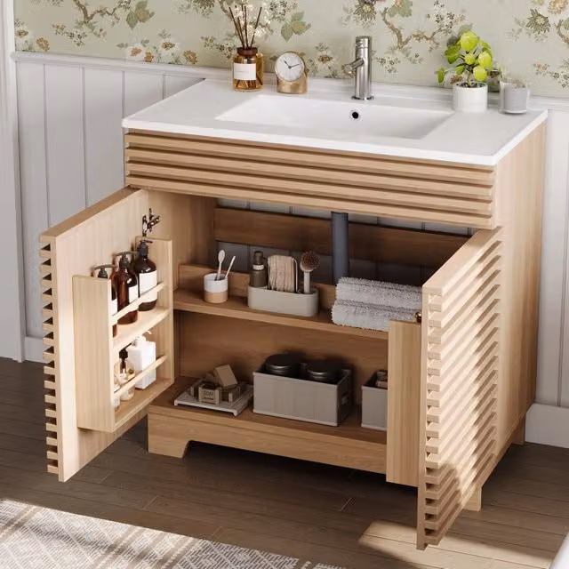 Mobile sottolavabo con lavabo in ceramica 2 ante ammortizzate ripiani regolabili in MDF naturale 91 × 46 × 80 cm
