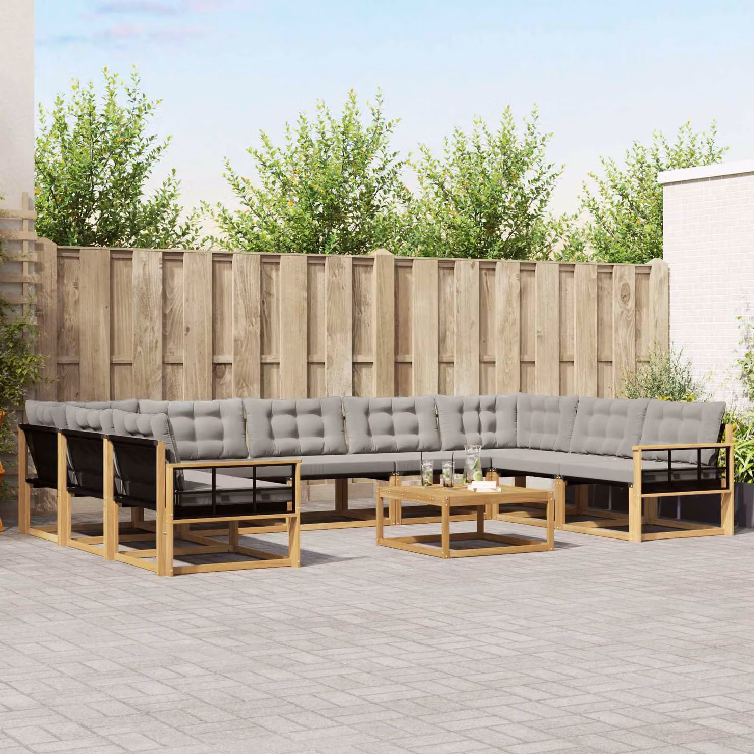 Set di divani da esterno vidaXL a forma di U composto da 10 pezzi con tavolino da caffè, in legno di acacia e tessuto textilene, Bianco e Grigio