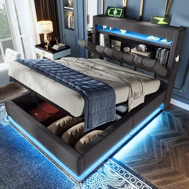 Letto singolo-Xylo-90x200 cm-LED, USB-C, testiera, idraulico, lino, grigio