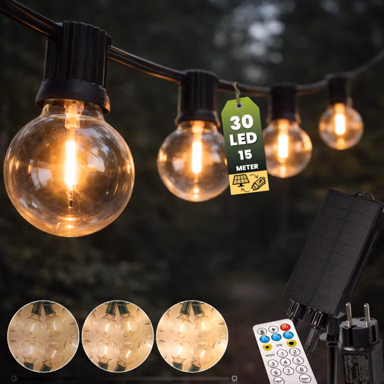 LUMILED Catena luminosa solare da esterno 15 m G40 30 LED + 2 lampadine di ricambio, con telecomando, USB-C, bianco caldo 2700K, IP44 resistente agli spruzzi d'acqua, 8 modalità, dimmerabile, catena luminosa solare da esterno, lampada solare da giardino,