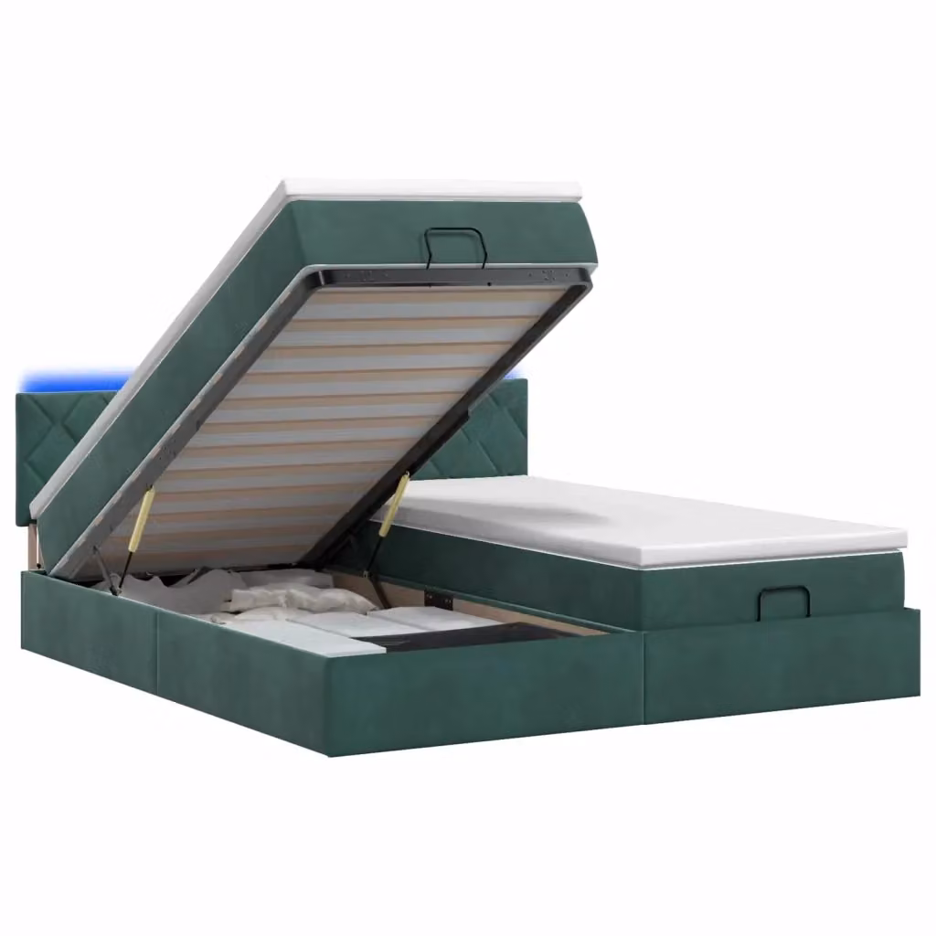 Letto Ottomano con Materasso Ibrido vidaXL in Velluto Verde e Bianco con Illuminazione LED Sotto il Letto e Porte USB L/P/H: 160 x 200 x 88 cm – 2