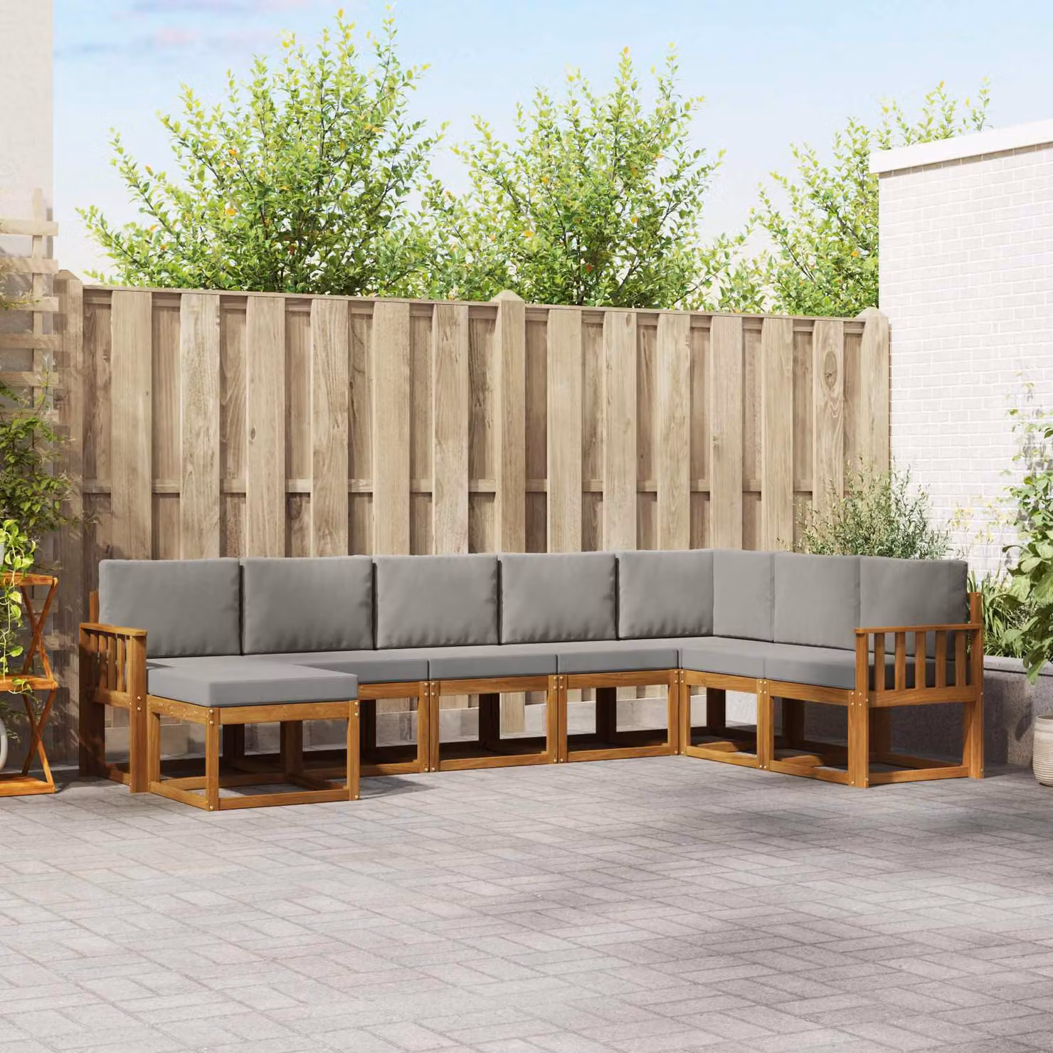 vidaXL Set di divani da esterno a L in legno di acacia con cuscini, 8 pezzi, Grigio e Marrone