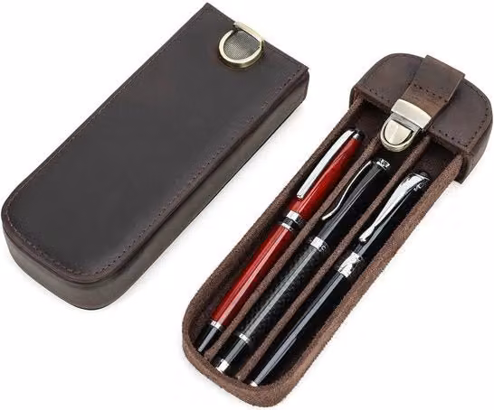 Astuccio vintage in ecopelle marrone per matite e accessori da viaggio