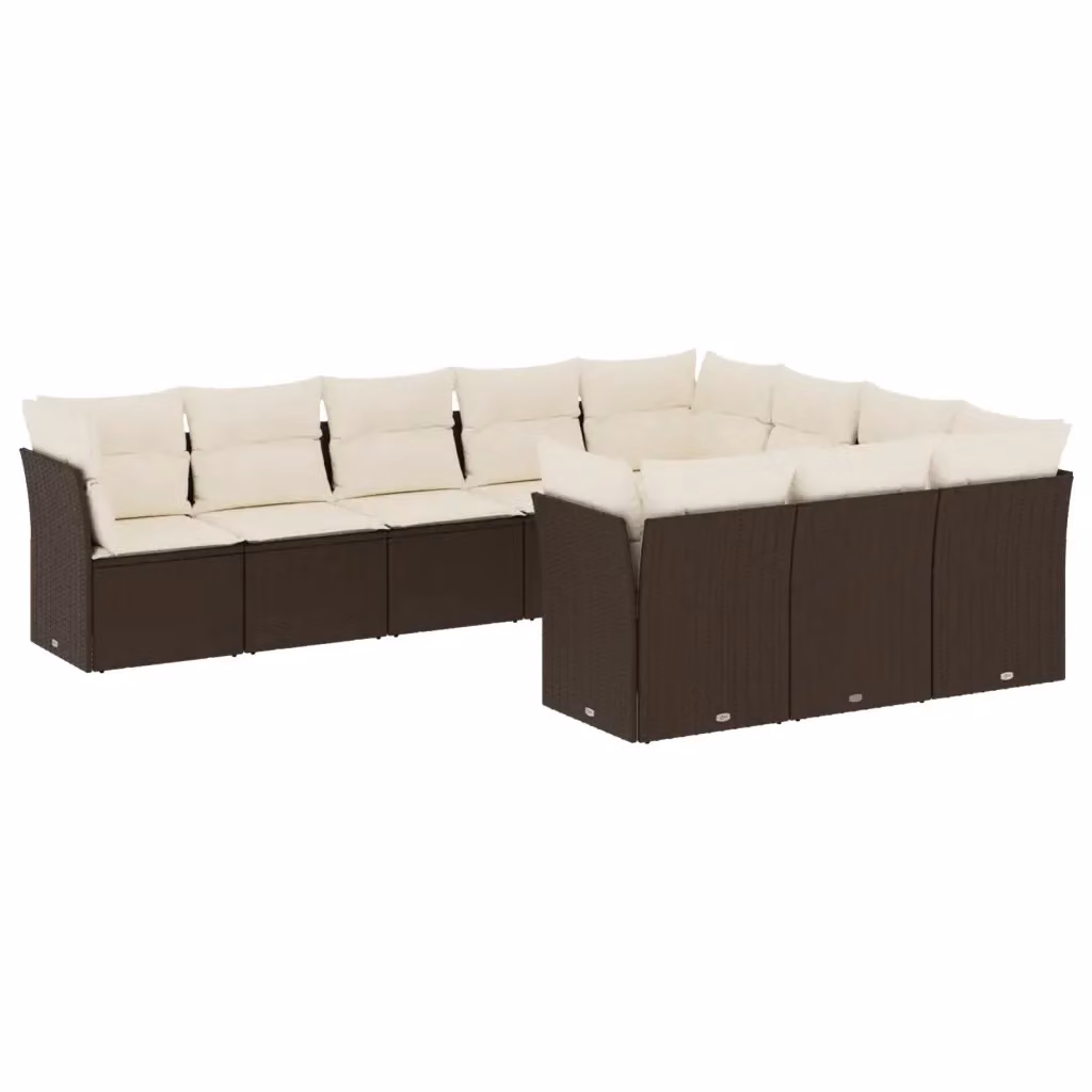 vidaXL Set Divani da Giardino 10 Pezzi con Cuscini Imbottiti Marrone e Bianco in Polyrattan e Acciaio – 2