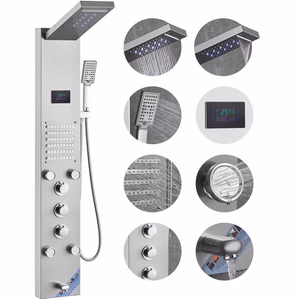 Sistema di pannelli doccia, 6 modalità di doccia LED e schermo a torre per la potenza dell'acqua - pioggia, cascata, 5 getti massaggianti - bocca da bagno, doccetta - set doccia a parete in acciaio inox.