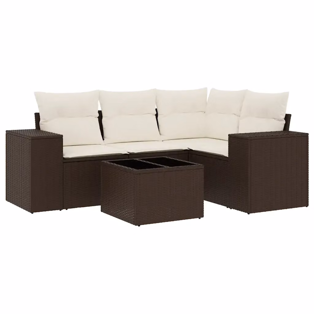 Set Divano da Giardino a L vidaXL 5 pz con Cuscini Marrone e Bianco in Polyrattan e Acciaio – 2