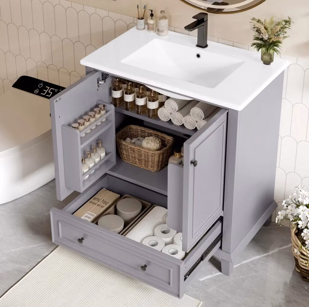 Mobile bagno moderno grigio con lavabo in ceramica L: 76 cm, P: 46 cm, H: 87 cm – 2