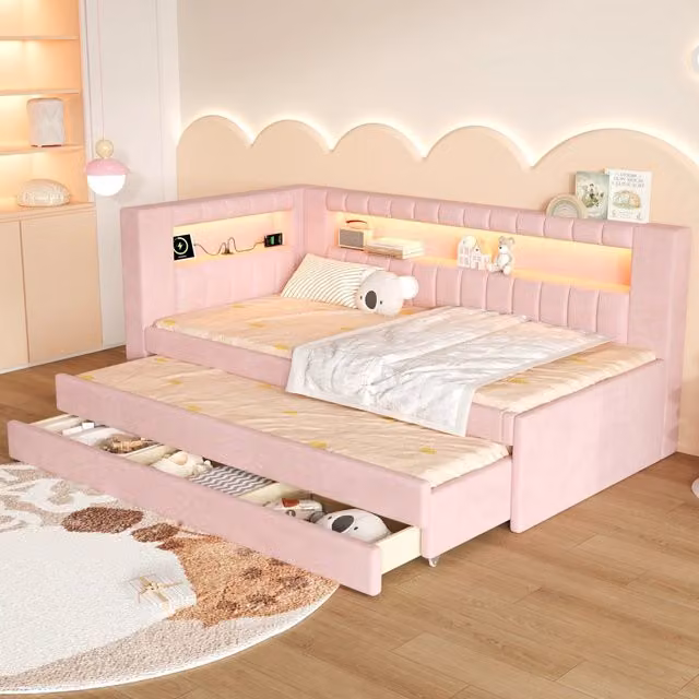 Letto imbottito rosa 90x200 con LED a 7 colori; USB e letto estraibile