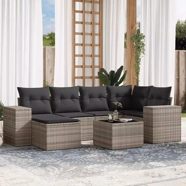 Set Divani da Giardino 7pz con Cuscini Grigio Chiaro Polyrattan 3222871