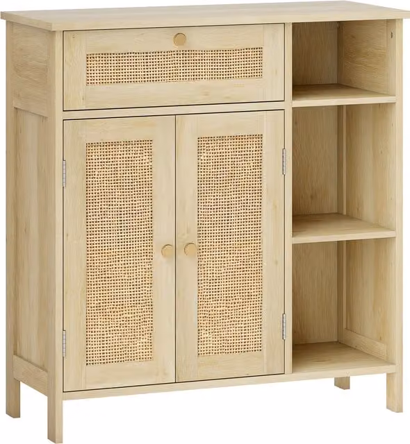 Credenza HOMCOM in legno naturale con ante in rattan, cassetto e mensole regolabili, L: 75 cm, P: 30 cm, H: 79,5 cm